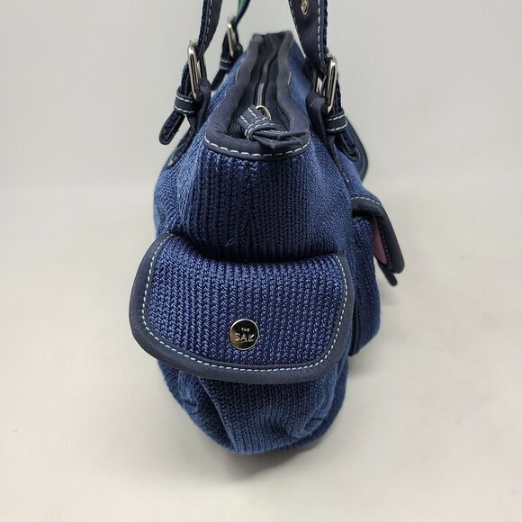 The Sak Navy Blue woven green & blue ribbon handle crochet satchel shoulder bag - Picture 4 of 12